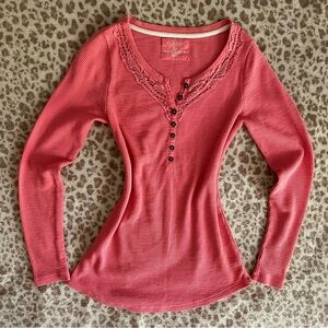 Pink Henley Fitted Long Sleeve Blouse